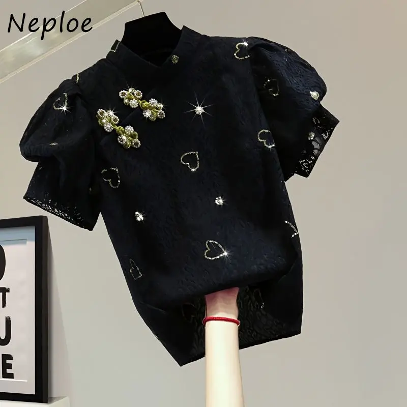 Neploe Vintage Disc Buckle Stand Neck Puff Sleeve Blusas 2024 Summer Korean Style Beaded Diamonds Sequin Solid Color Lace Shirts