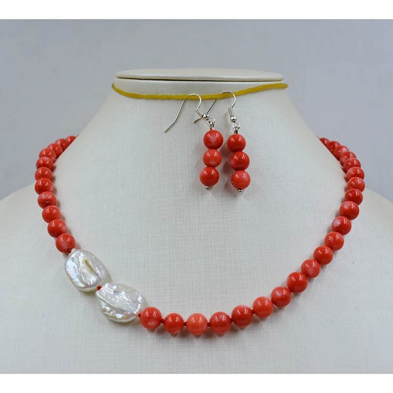 

8 мм оранжевый натуральный коралловый/белый жемчуг в стиле барокко. Классическое женское повседневное ожерелье/серьги, комплект украшений 17 дюймов