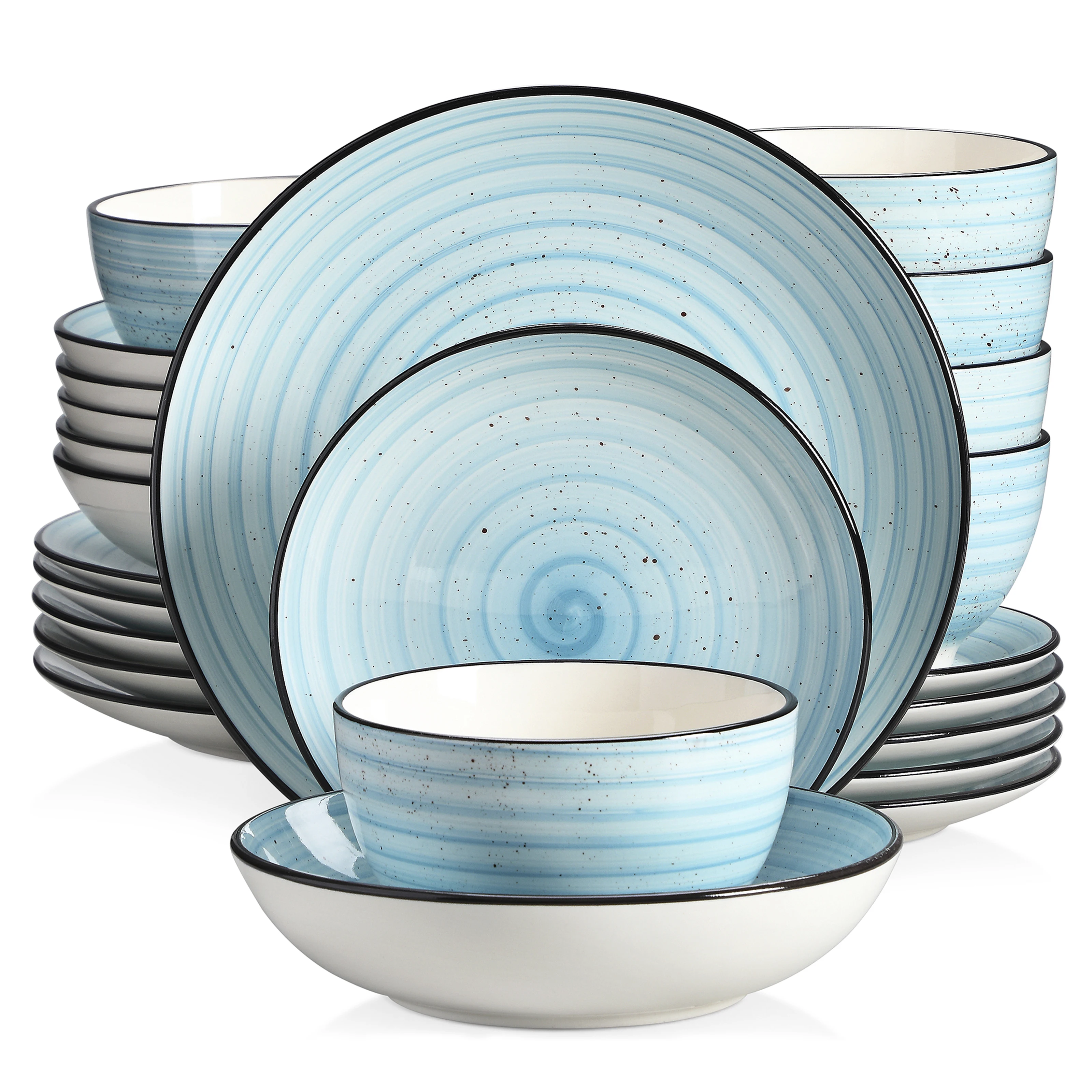 VANCASSO BONBON Blue 24/48-Piece Handpainted Spirals  Stoneware Dinner Combi-Set with Bowl,Dessert Plate,Soup Plate,Dinner Plate