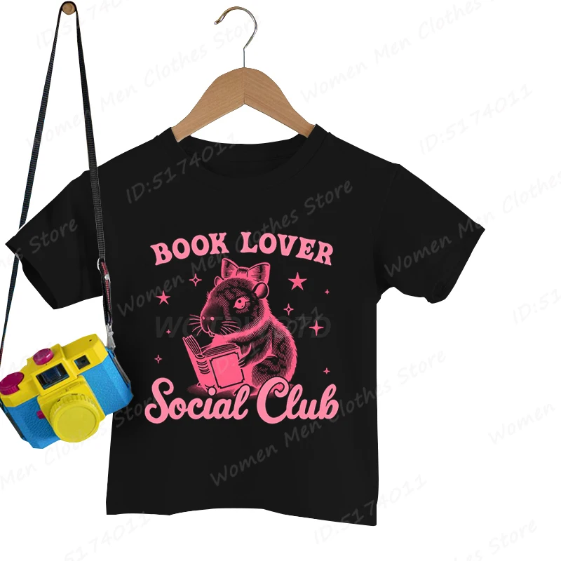 Summer Cute Cartoon Capybara Book Lover Social Club Print T-shirt For Children Girls Short Sleeve Crew Neck Tops Fashion T Shirt