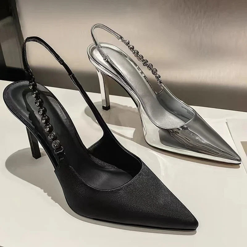 Zapatos de tacón alto puntiagudos para mujer, calzado Sexy de cuero plateado, elegante, para fiesta, 2024