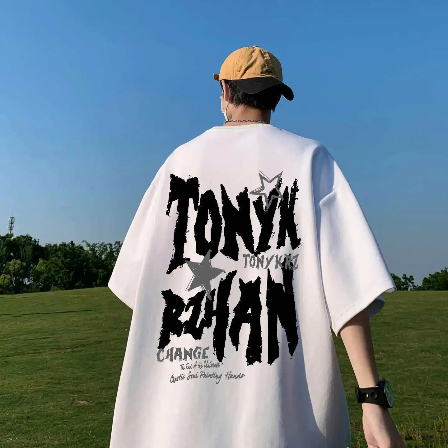 American High Street Retro Simple Creative Back Hand-painted Pattern Logo Print Loose Short-sleeved T-shirt
