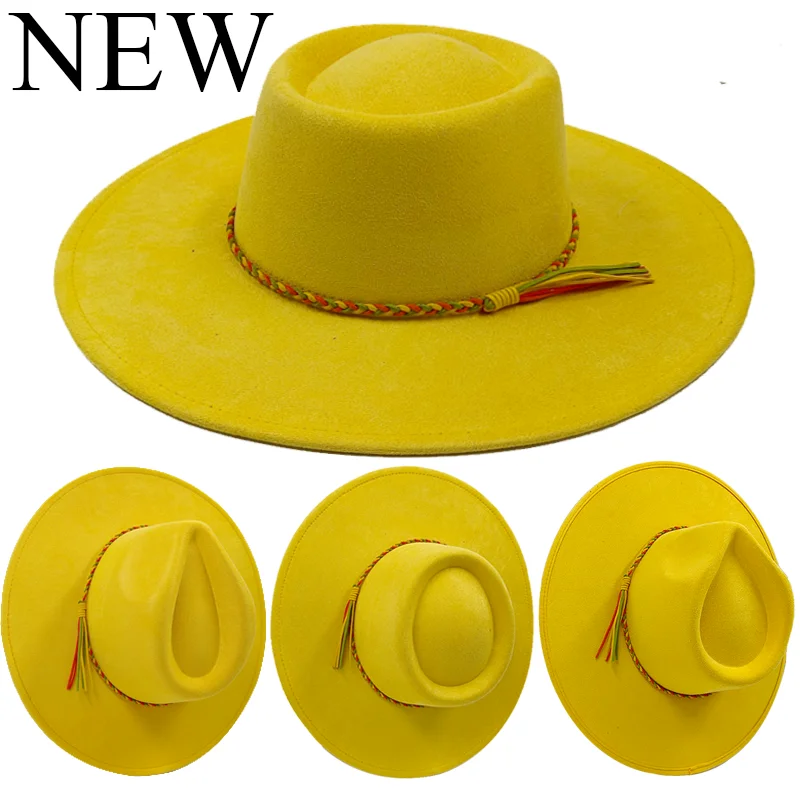 

Gorras Para Hombres Suede Hat Yellow Raised Top 9.5cm Wide Brim Fedora Hat Men's and Women's Autumn and Winter Felt Jazz Hat