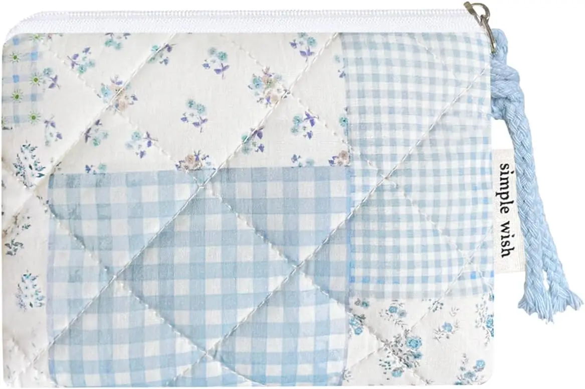 

Cotton Quilted Floral Coin Purse Digital Camera Pouch with Cute Prints Zipper for Women Girls (BLUE PATCH)