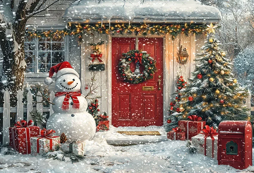 Mehofond Photography Background Christmas Front Door Snowman Winter Xmas Tree Kids Family Portrait Decor Backdrop Photo Studio