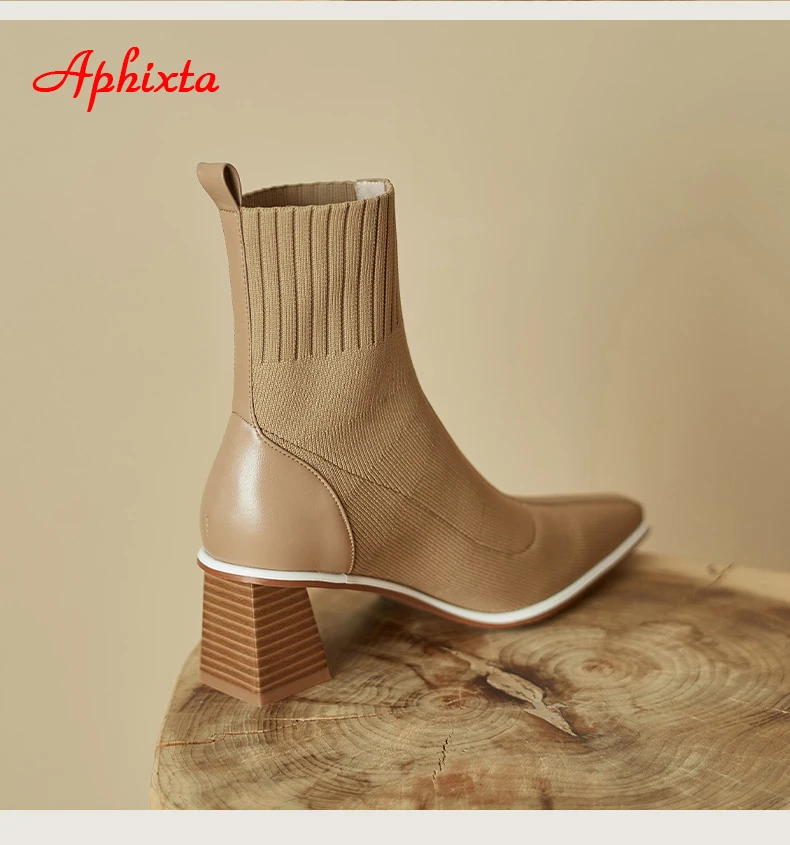 Aphixta 2023 New 6.5cm Chunky Heel Beige Coffee Stretch Cotton Fabrics Sock Boots Women Stretch Kniting Pointed Toe Shoes