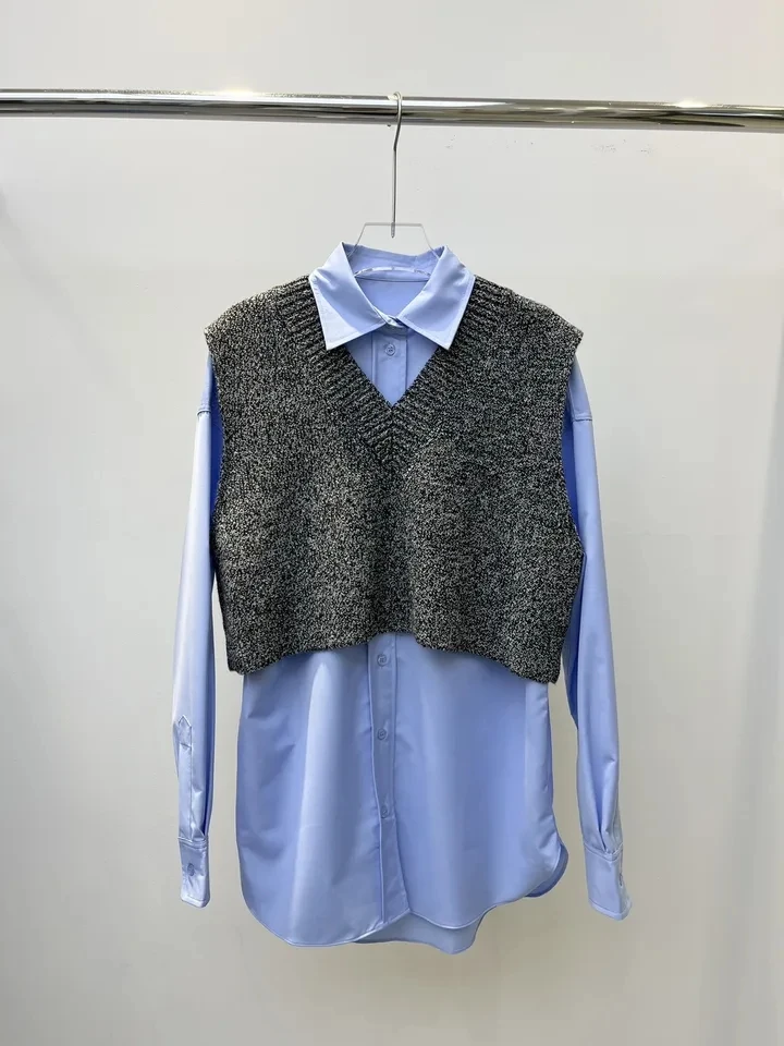 2024SS Spring New Women Casual High Quality Blue Shirt Blouse With Knitted Vest for Female Tops