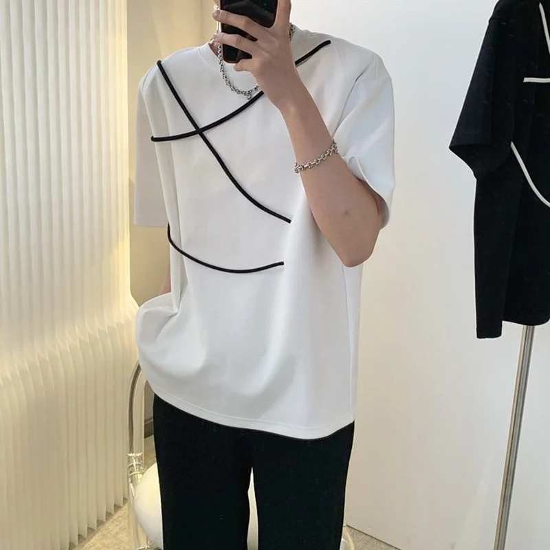 Summer Short Sleeve Men T Shirt Black White Rope Korean Fashion Casual Harajuku Boy Sweatshirt High Street 2xl Oversized Top Tee