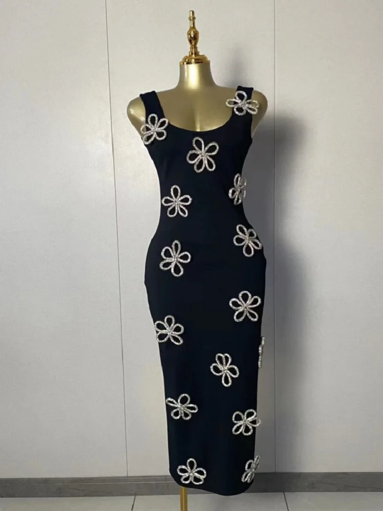 

2025 New Women Sexy Sleeveless Diamonds Flowers Black Midi Bodycon Dress 2025 Elegant Evening Club Luxury Birthday Party Dresses