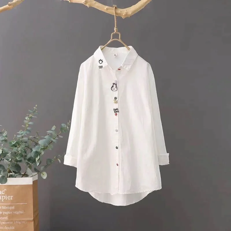 

Shirts Women Vintage Long Sleeved Embroidery Polo-neck Casual Korean Style Single Breasted One Piece Oversized Blouse Women Tops