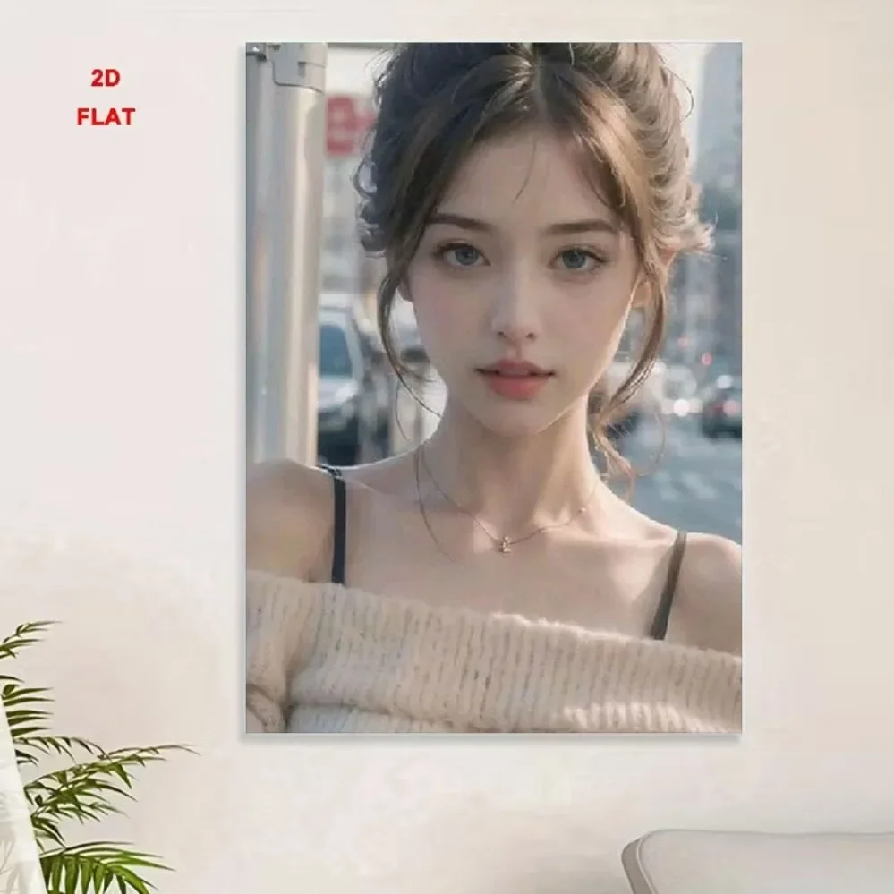 2D Metal Sign Vintage Off Shoulder Knit Top Metal Tin Sign Street Portrait Wall Decor for Cafe Bedroom