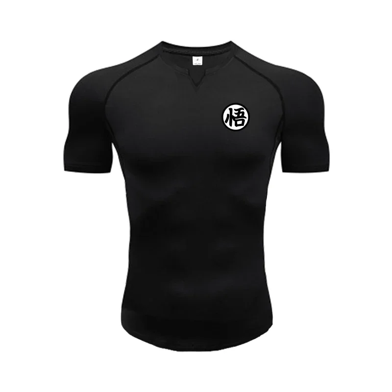 Mens Casual Sportswear Trainning Exercise T-Shirts Anime Wu Font Slim Fit Fitness Shirt Tight Gym Clothing Quick Dry Summer Tees
