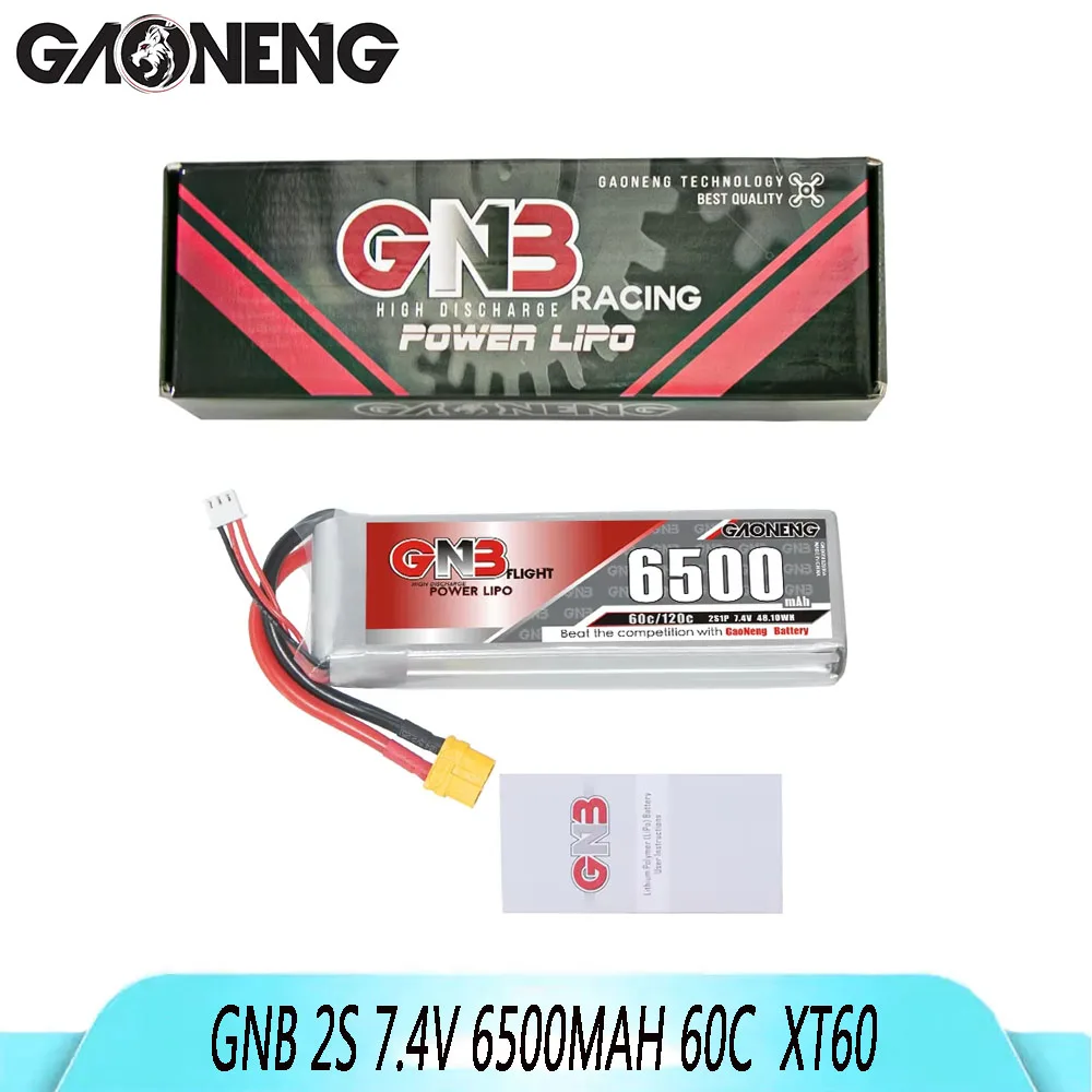 GAONENG GNB 2S 7.4V 6500mAhC 60C lithium battery with XT60 plug, suitable for FPV drones and quadcopters.