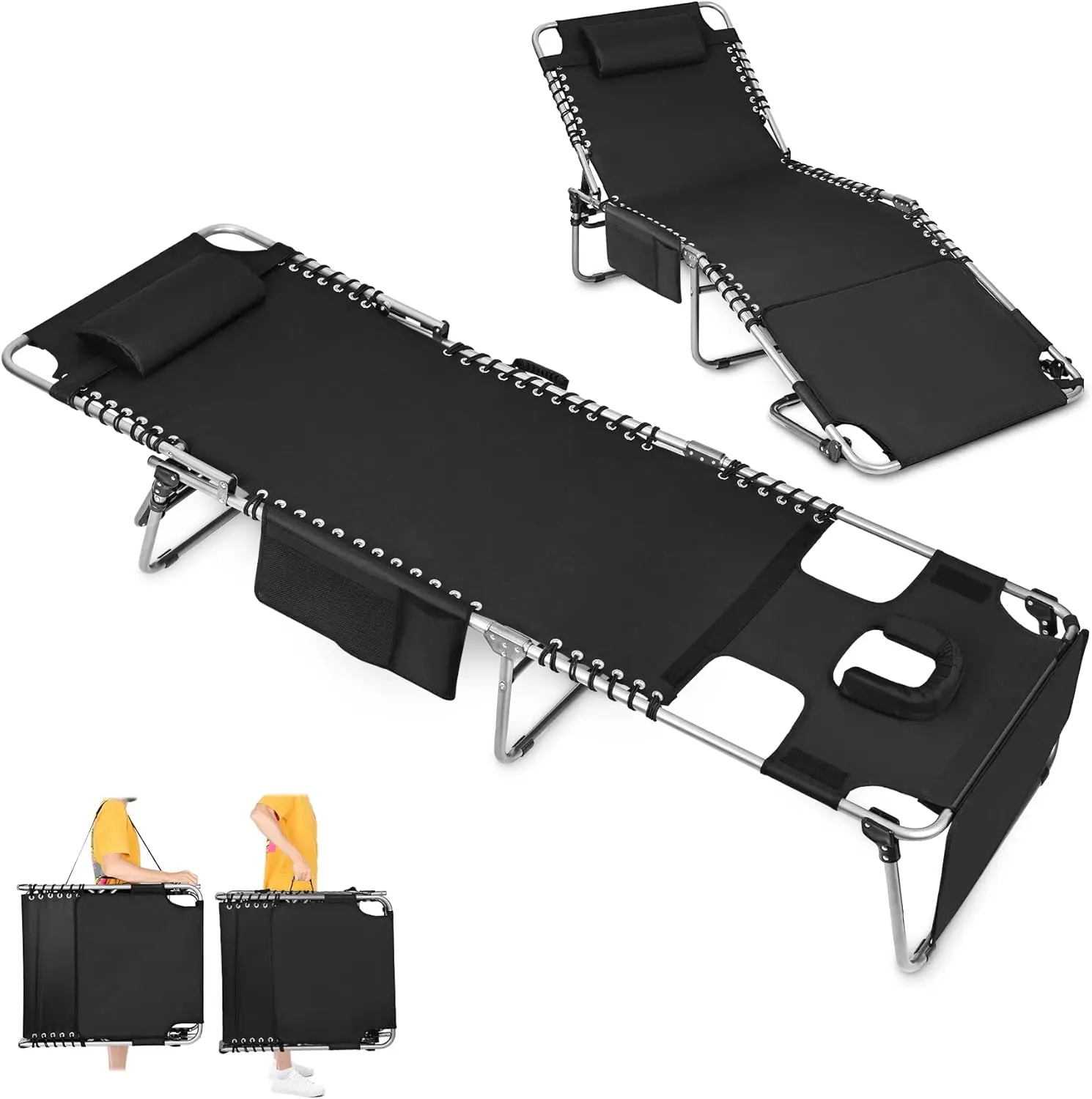 

Heavy Duty Tanning Chair with Face Hole Adjustable 5-Position Folding Chaise Lounge Chairs for Outside Portable Lay