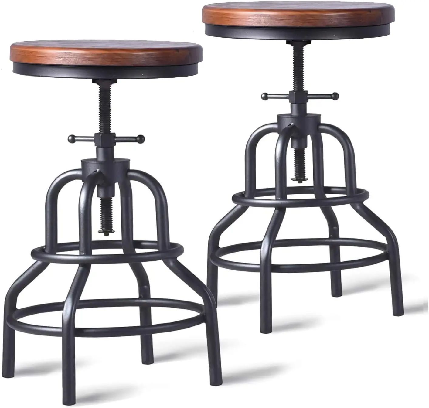 Vintage Industrial Bar Stool-Rustic Swivel Barstools-Round Wood Metal Base-Kitchen Counter Height Adjustable Pipe Stool-Cast