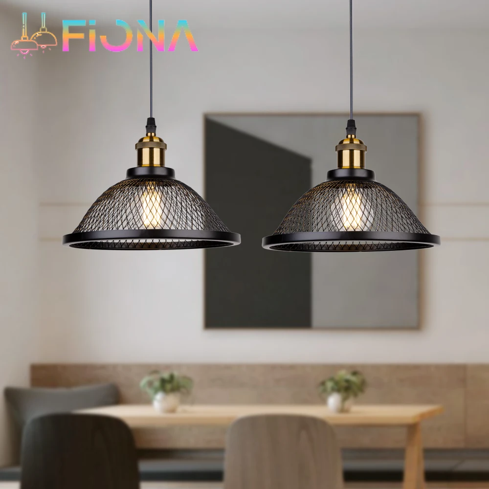 Retro LED Vintage Black Iron Net-Cage Kitchen Pendant Light Hanging Lamp for Bedroom Living Room Restaurant Lighting Fixture