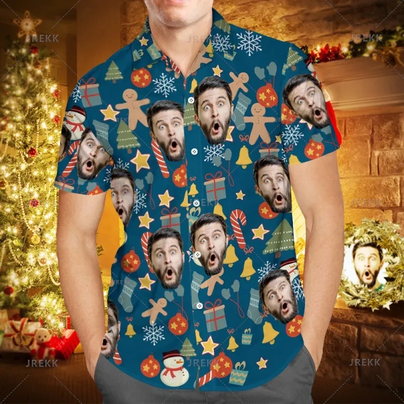 Small Size Hawaiian 3D Custom Faces Gingerbread Man Tiki Printing Shirts Men Happy Christmas Graphic Shirts & Blouses Clothing