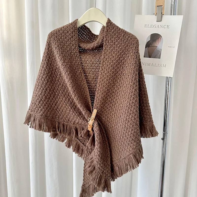 

Poncho Cloak New autumn Winter Tassel Cape With Versatile Shawl Thickened Warmth Solid Color Knotted Scarf and Camisole