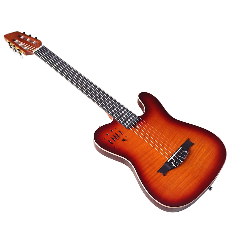 6 String Silent Classical Guitar 39 Inch Flame Maple Top Classic Guitar High Glossy Nylon Strings Sunburst Color