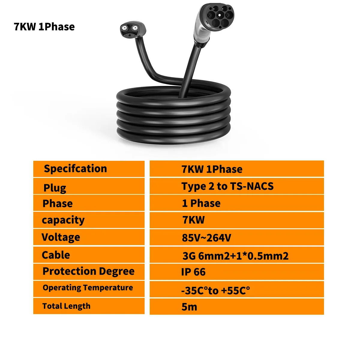 WUFEN Type 2 to Tesla EV Charger Cable 5M 1Phase 32A 7KW IEC62196 Type2 NACS Cable EV Charging Station for US Model 3 X S Y