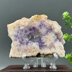 Natural Pink Amethyst Flower Agate Geode Slate Piece Spiritual Energy Therapy Meditation Prayer Home Decoration + Stand