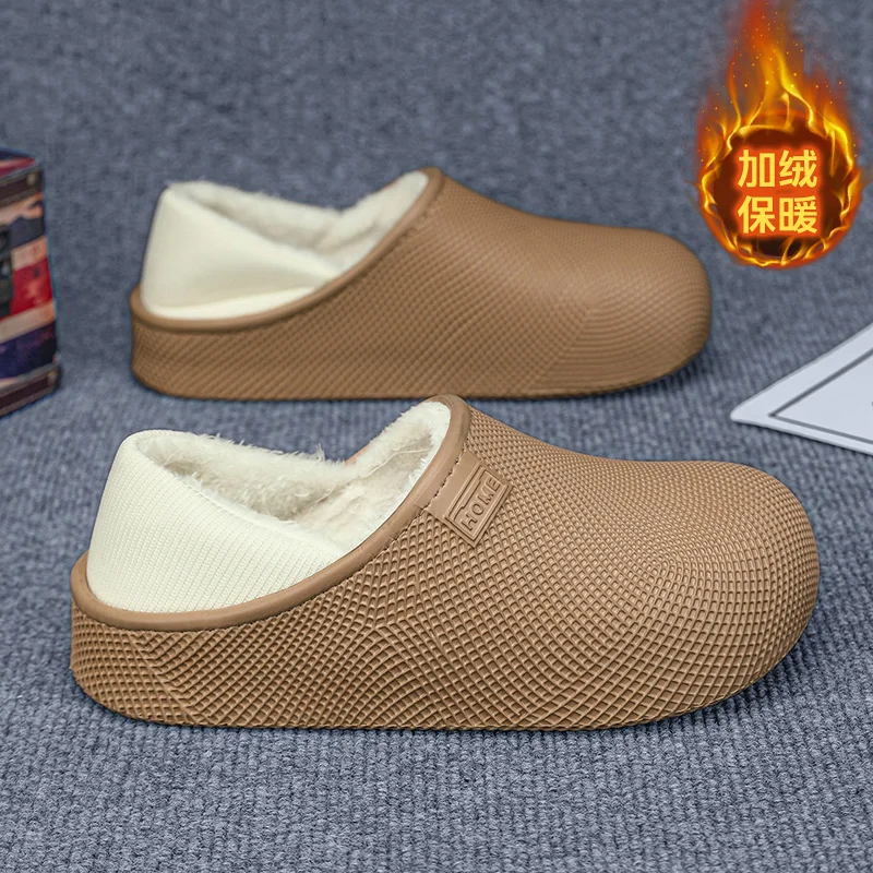 Winter EVA Closed Toe Cotton Slippers, Fleece Lined Warm Waterproof Non‑Slip Lightweight Indoor Outdoor Shoes for Men Women
