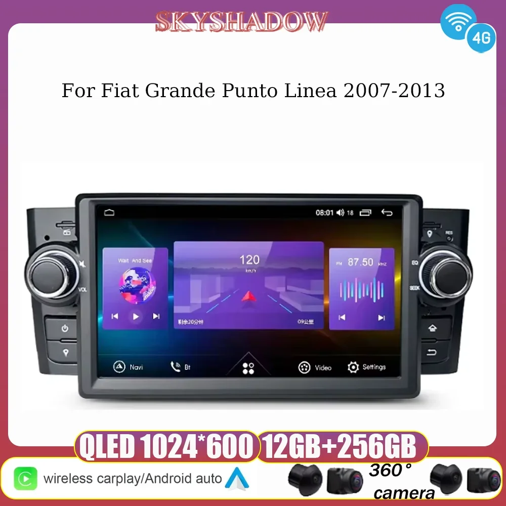 Reproductor de coche 12G+256G Carplay Auto Android 13.0 4G LTE IPS con GPS, mapa, WIFI, Bluetooth y radio para Fiat Grande Punto Linea 2007-2013