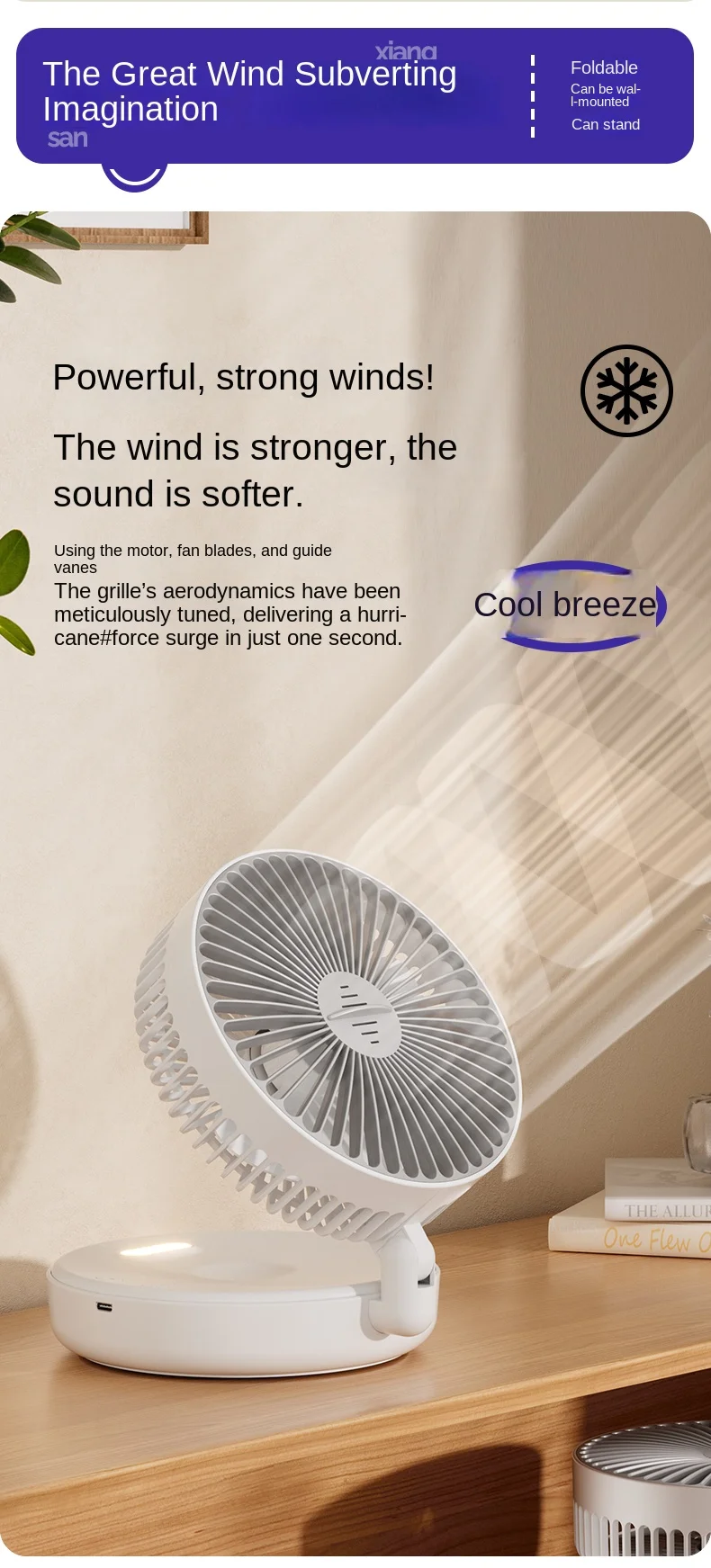 5000 mAh faltbarer, im Dunkeln leuchtender Ventilator zur Wandmontage, tragbarer, leiser Hochgeschwindigkeits-Luftzirkulationsventilator für Studenten, Büro-Schreibtischventilator – Detail 9
