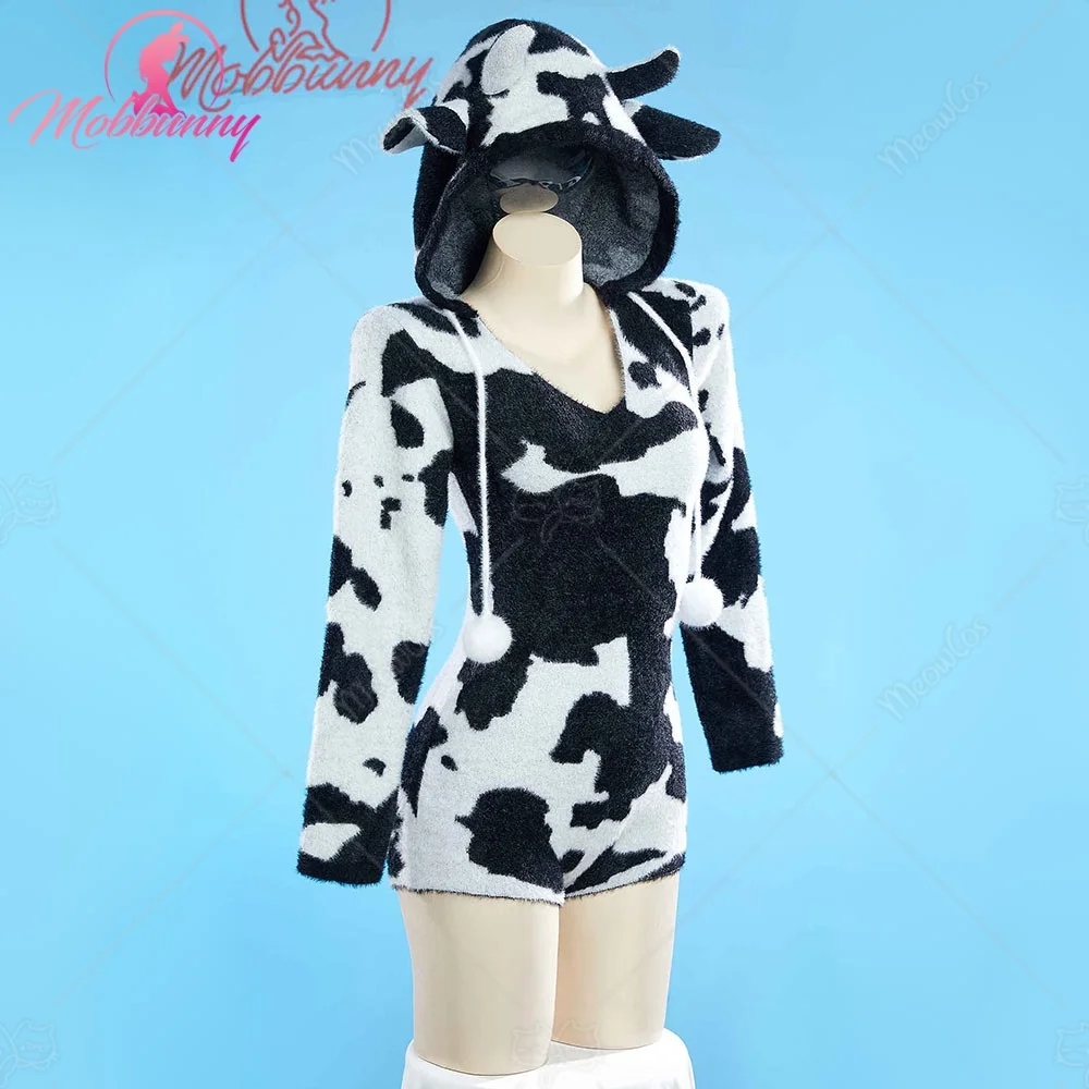 US Stock Mobbunny Women Sexy Lingerie Fluffy Homewear Bodycon Romper Black and White Cow Pattern Hooded Bodysuit view 2