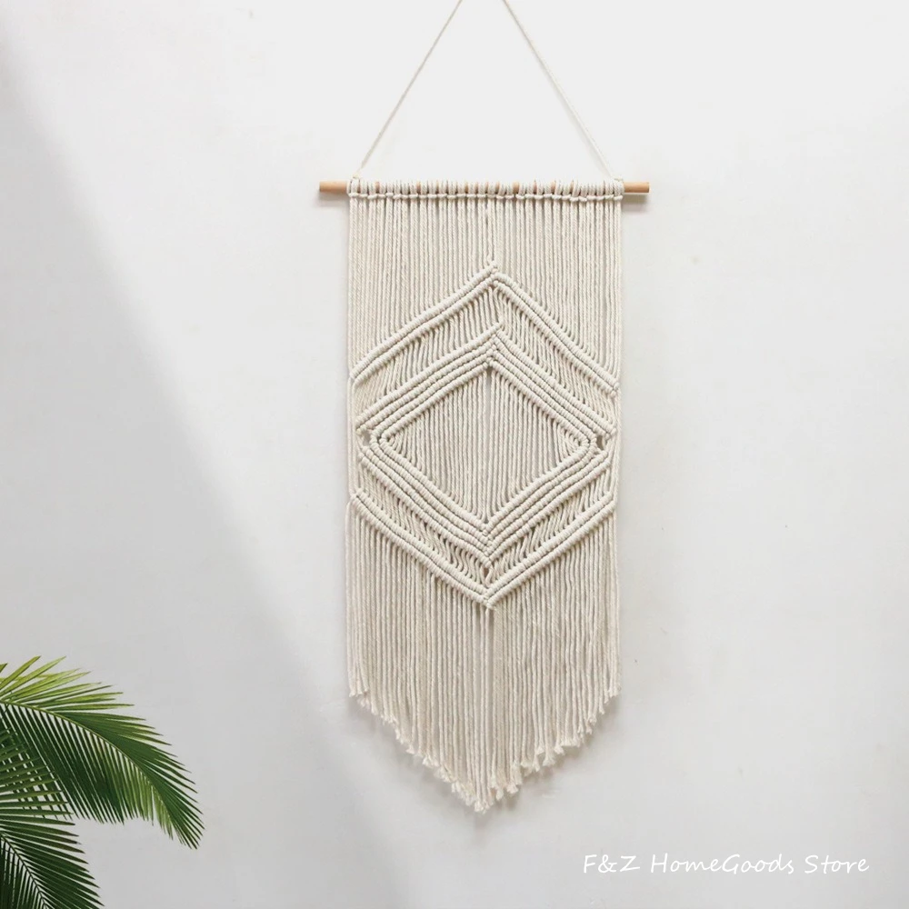 Creative Diamond Pattern Hand Woven Macrame Wall Hanging Tapestry Bohemian Home Bedroom House Livingroom Decration Boho Decor