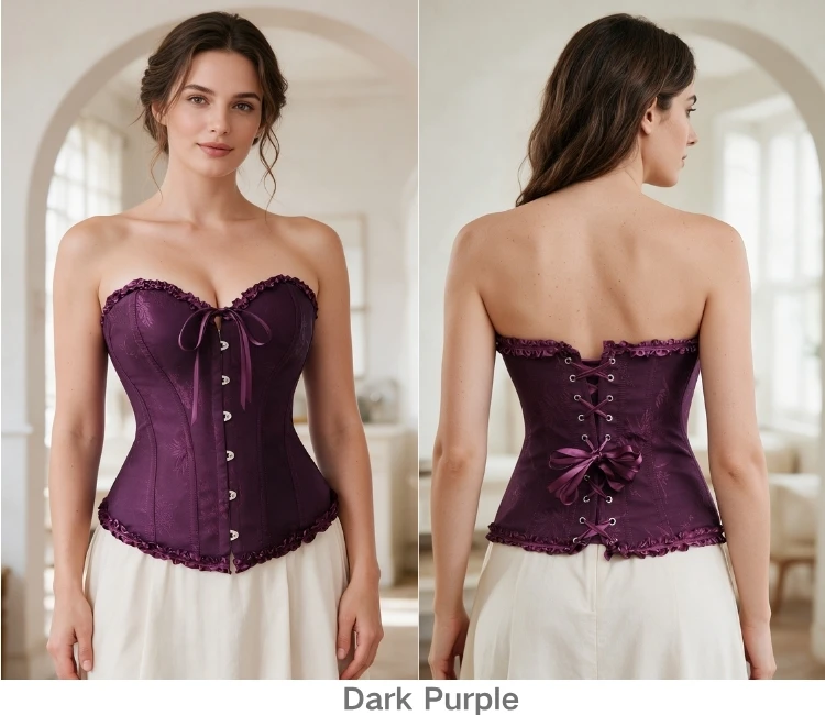 Damen Vintage Jacquard Korsett-Top, trägerlos, mit Rüschen vorne, Busk-Rücken, Schnürung, 20 Farben, für Feiertage, Partys und Abendgarderobe – Detail 17