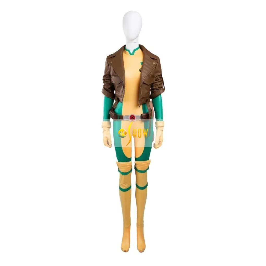 Bedrieglijke Kostuum Vrouwen Superheld Rogue Cosplay Groene Bodysuit Zentai Jumpsuit Met Riem En Jas Halloween Outfits