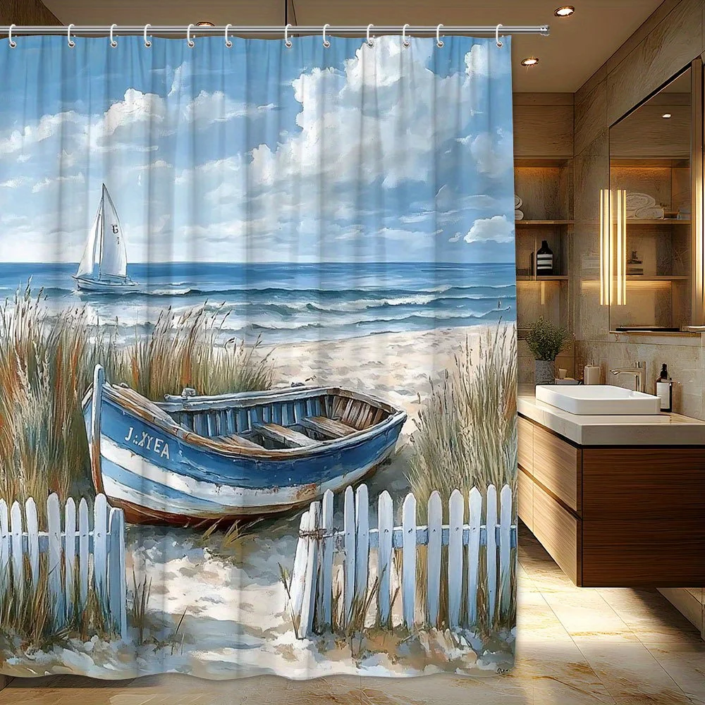 beach boat and sailboat shower curtain coastal watercolor art design for seaside bathroom decor with hooks Elevate Your Space