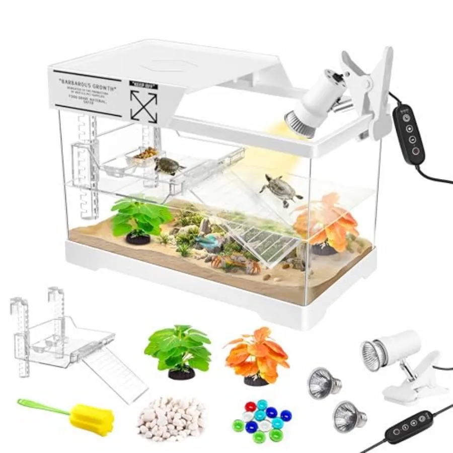 

Mini Aquatic Turtle Tank Kit with Adjustable Lamp, PC Turtle Tank Starter Kit, Small Hermit Crab Tanks with Lid, Hanging Platfo
