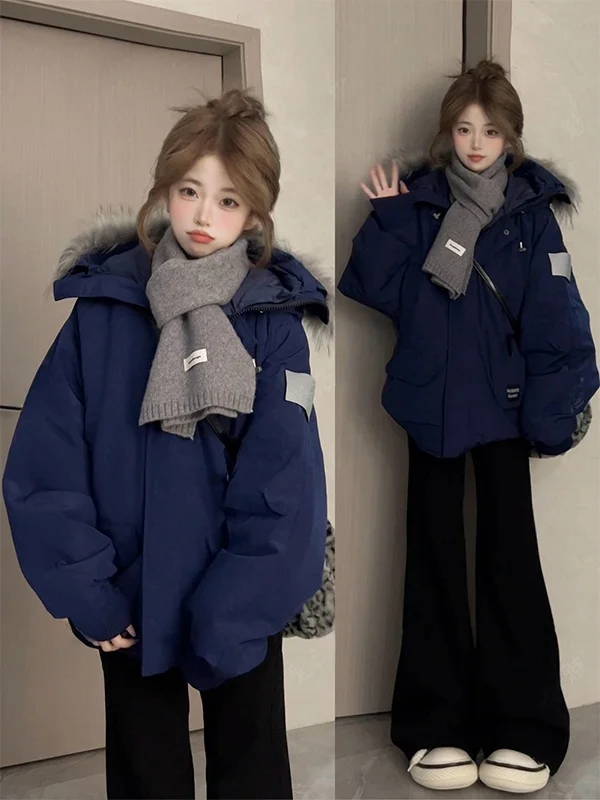 

Retro American Style Women's Parka Coat with Fur Collar Cotton down Jacket Korean Version Small Size Trendy Winter New Arrival