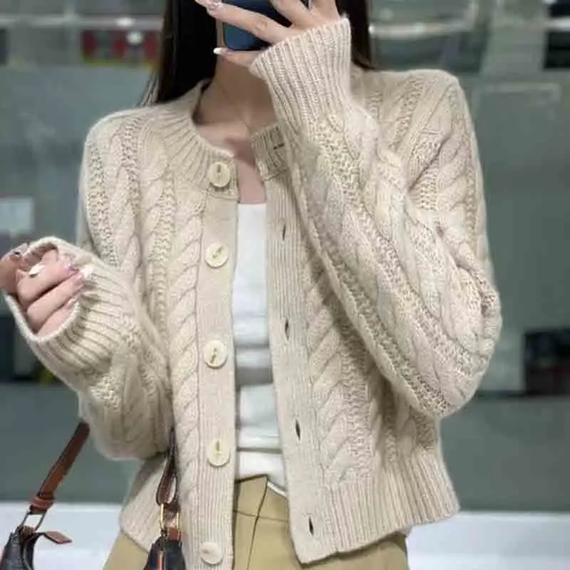 Lucyever Short Sweater Cardigan Women High Quality Single-Breasted O-Neck Knitted Sweaters Woman Solid Long Sleeve Knitwear Coat