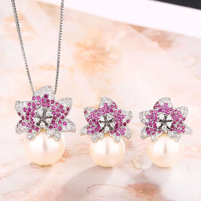 

New Fashion Jewelry Set: Natural Pearl and Ruby Necklace and Earrings Wholesale