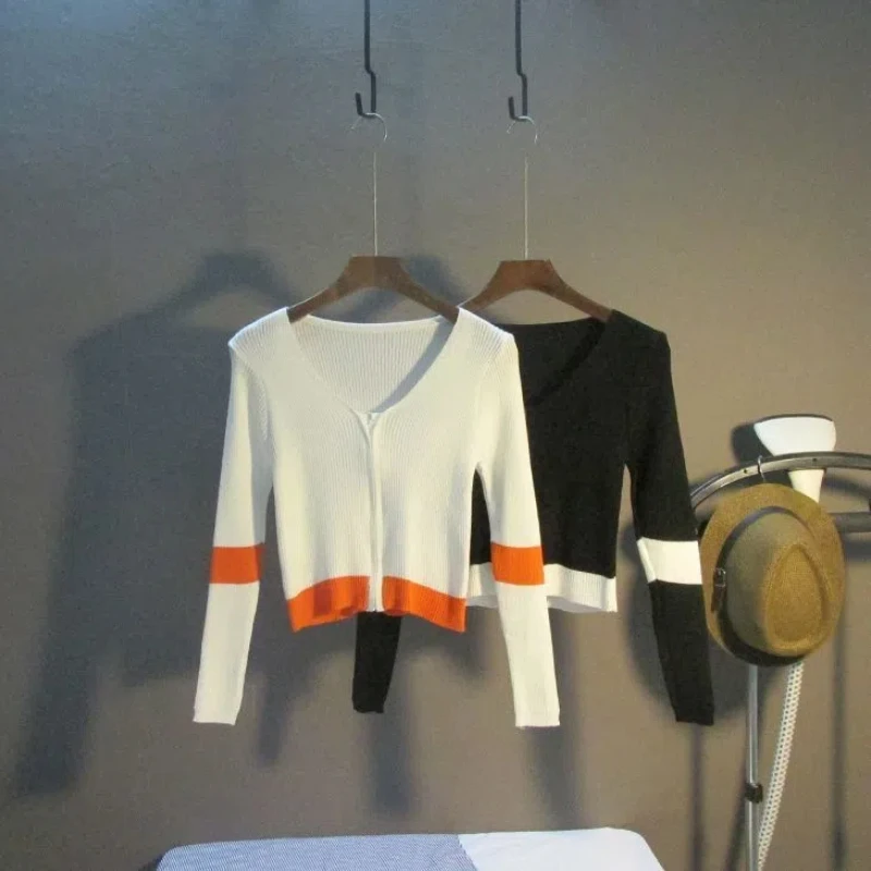 

Облегающий трикотажный кардиган с длинным рукавом, новый стиль, обтягивающий Топ, Короткая Повседневная куртка с застежкой