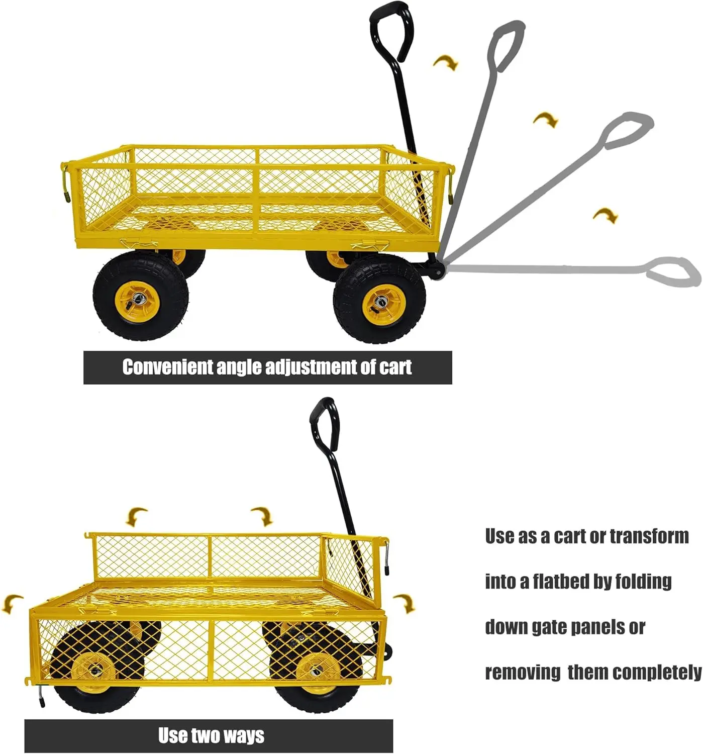 عربة عربة صفراء متعددة الاستخدامات شديدة التحمل، عربة حديقة شبكية فولاذية مع جوانب قابلة للإزالة و180 °   مقبض دوار ناعم، إطارات مقاس 10 بوصة