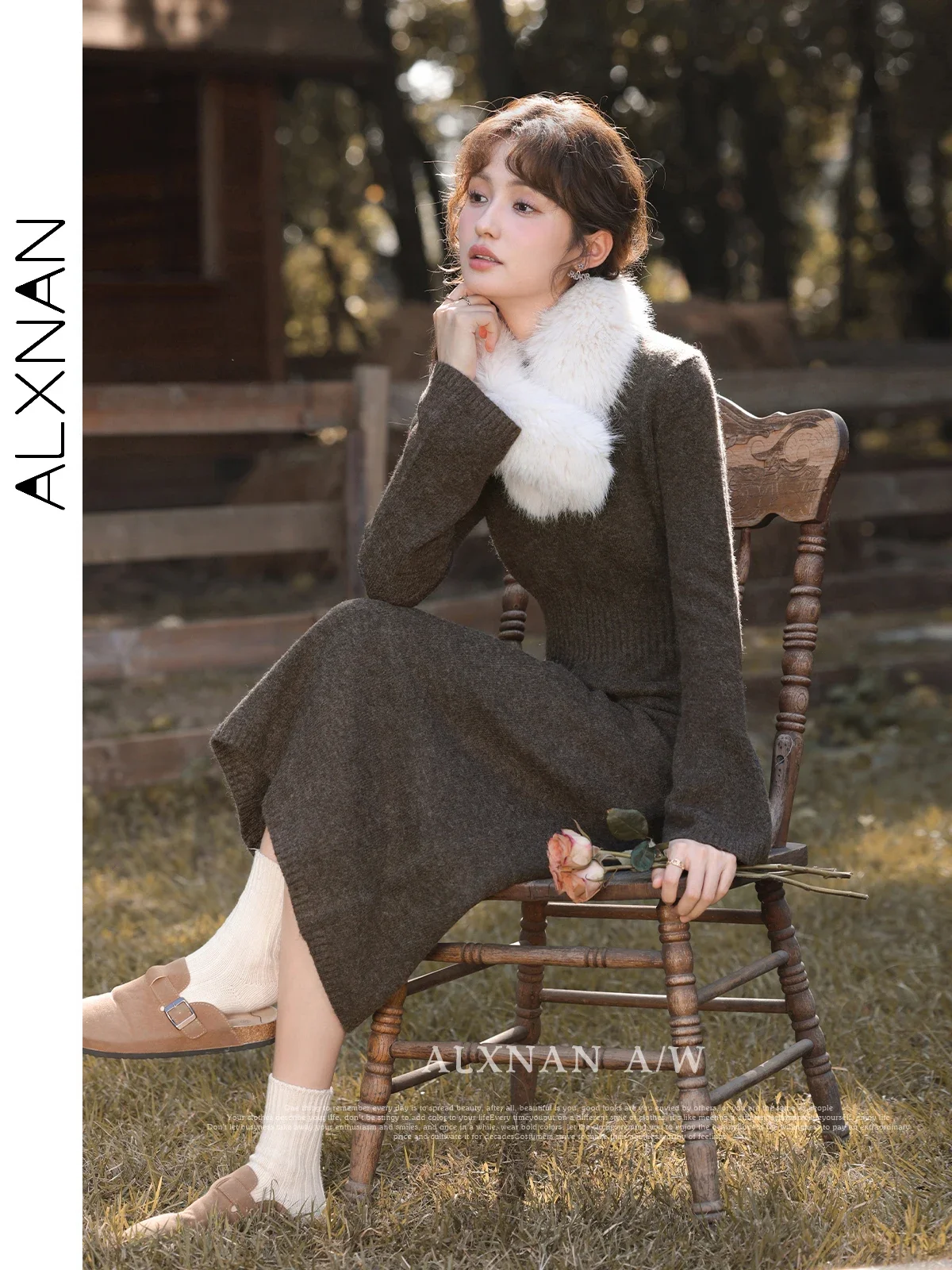 ALXNAN Women\'s Gentle Knitted Dresses 2024 Fall Winter A-line Round Collar Long Sleeve Elastic Waist Lady Commuter Dress L330161