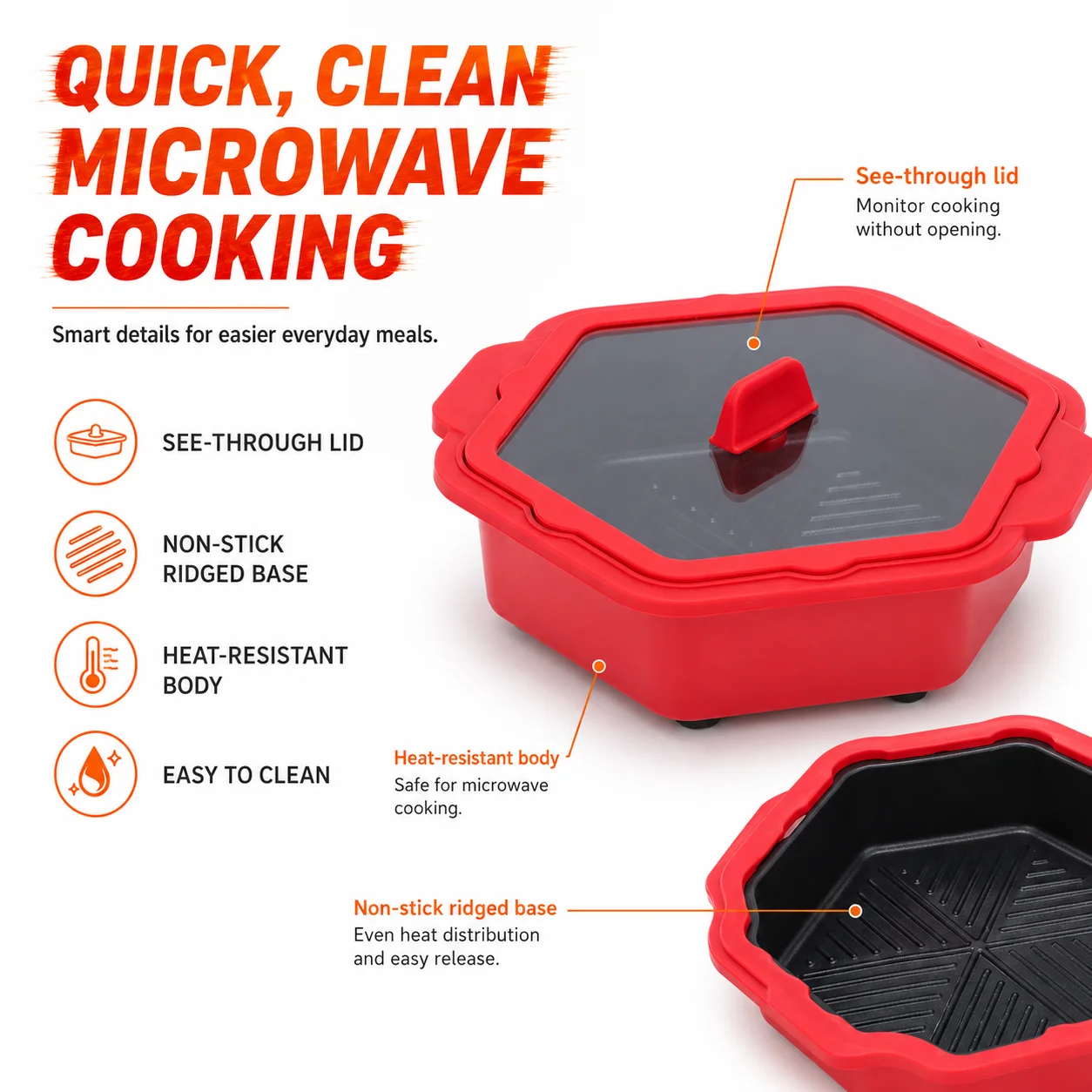 Uwhise Hexagon Silicone Microwave Cook Pot With Lid Non Stick Ridged Base Cookware For Chicken Wings Veggies Kitchen Gadgets