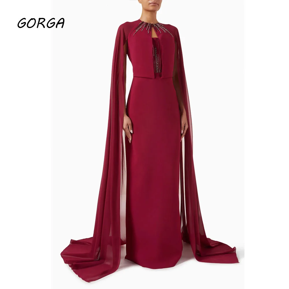 

GORGA Customized Burgundy Beading O-Neck Formal Evening Dress Slim Mermaid Crepe Prom Dress Chiffon Long Sleeves Party Dress