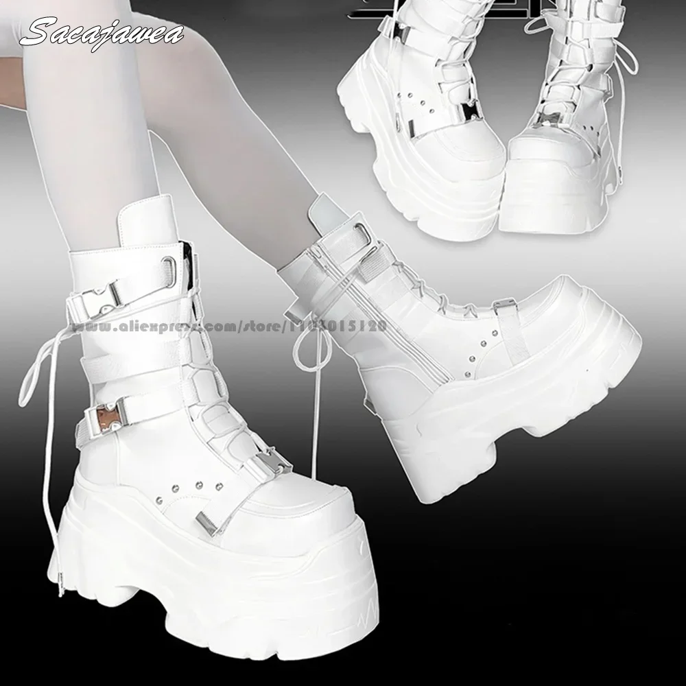 Gothic Punk Style Side Zipper Chunky Heel Motorcycle Boots Round Toe Platform Size 35-40 Lady Boots Solid 9CM Heel Mid Claf Boot