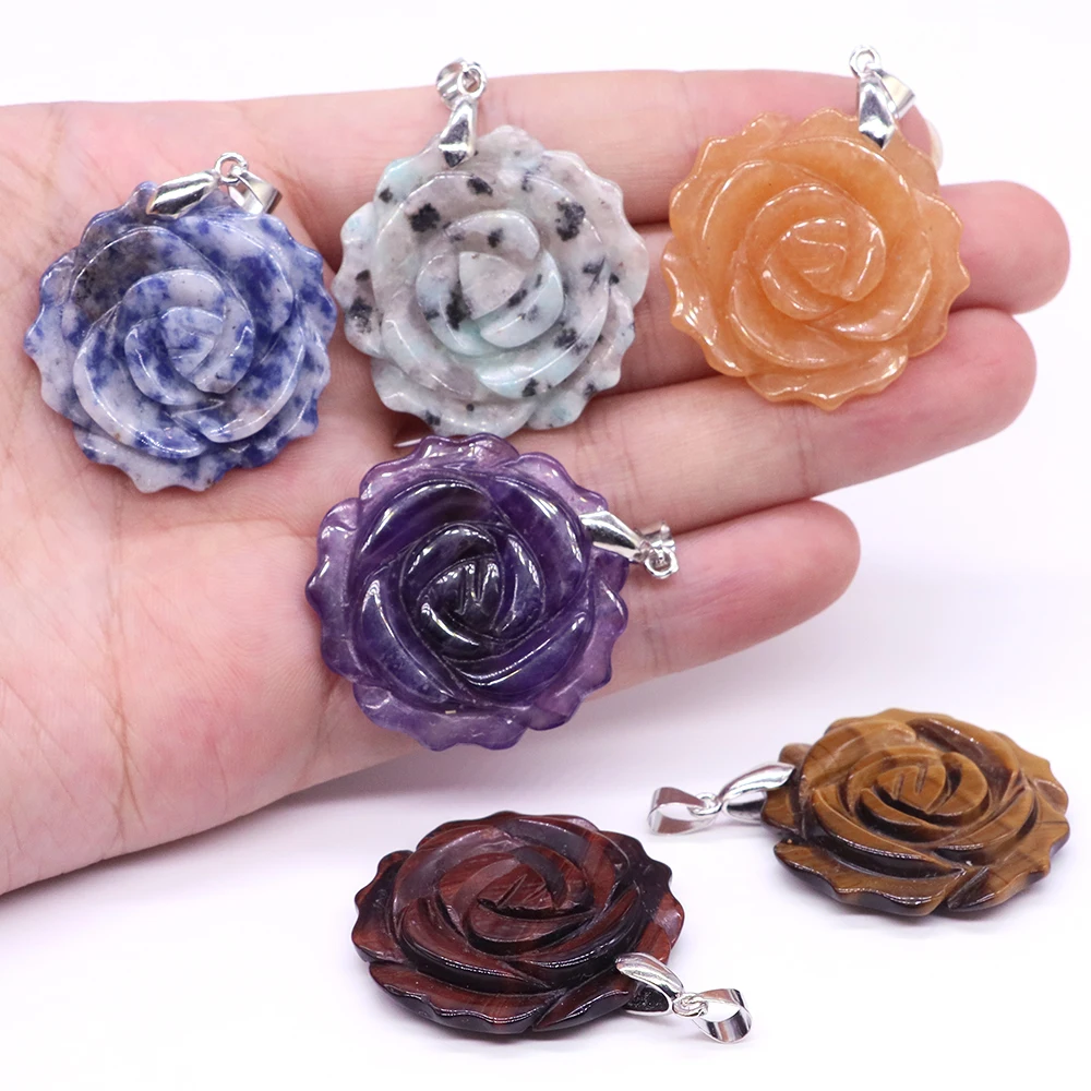 35mm Natural Crystal Gem Necklace for Women Rose Flower Shape Hand Carved Pendant Jewelry Making Charm Accessorie Valentine Gift