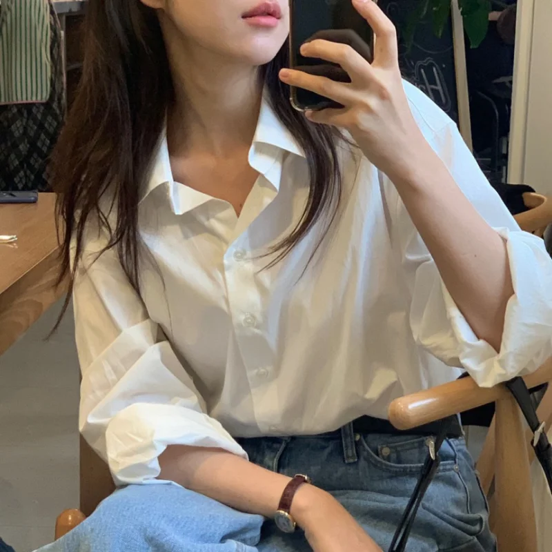 Casual Chic Women's irt Korean Sle mat Lazy Faion Versatile Casual Base Layer Inner Commute Top Loose Fit Long S...