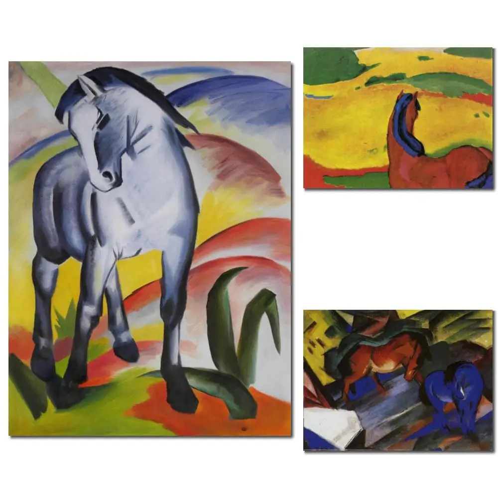 Handmade Painting in Oils Franz Marc Blue Horse Animal Canvas Masterpiece Reproduction Animal for Bedroom Wall Decor