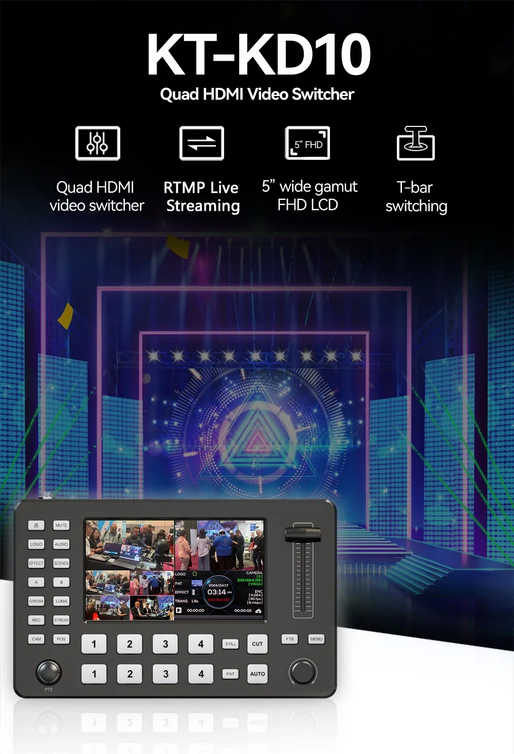 2025 Broadcast Live Stream Seamless Video Switcher 4 Channels HDM1 Live Streaming HDMI Quad Mini Mixer for TV