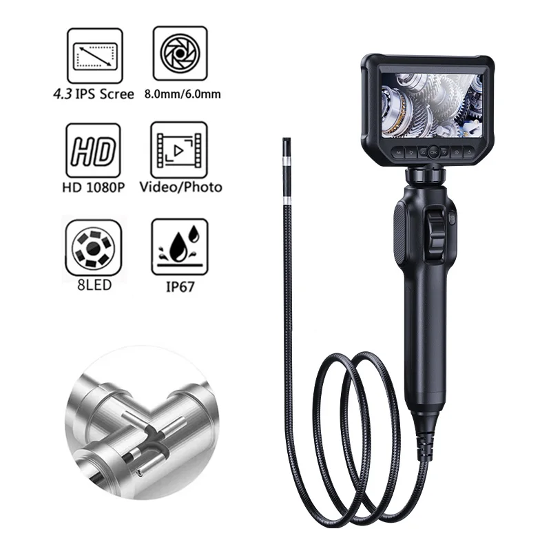 8mm/6mm Two-Way Rotary 360° Industrial Piping Endoscope Camera Borescope Inspection Camera Endoscope With 4.3'' IPS Screen 1080p