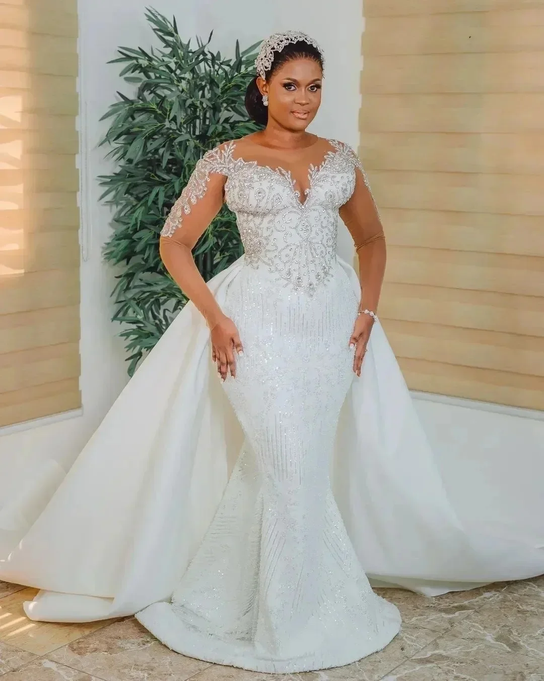 Abnehmbares südafrikanisches Hochzeitskleid für schwarze Mädchen, Meerjungfrau-Stil, lange Ärmel, perlenbesetztes Brautkleid, Vestido De Noiva, individuell gestaltet