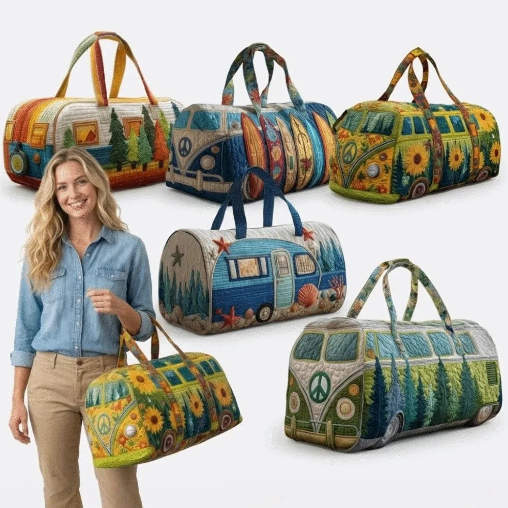 Trendy 3D Quilted Duffle Bag Bus Design Multifunctional Travel Handbag Retro Boho Sturdy Gym Tote Bag Daily Outings